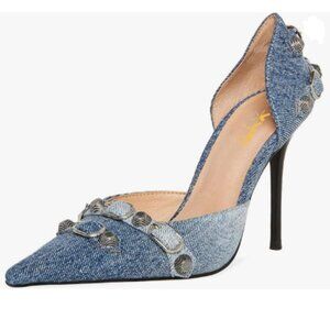 XYD Blue Denim D'Orsay Pumps Stiletto High Heels Slip On Pointed Toe Shoes
